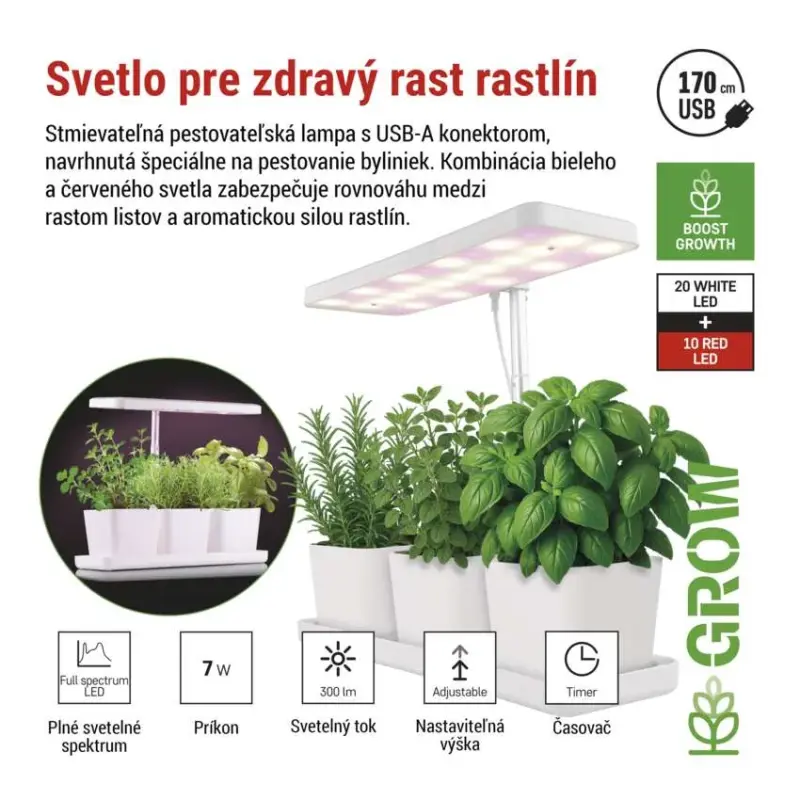 LED GROW pestovateľská lampa 7 W, časovač, stmievateľná lampa, biela EMOS Z7904