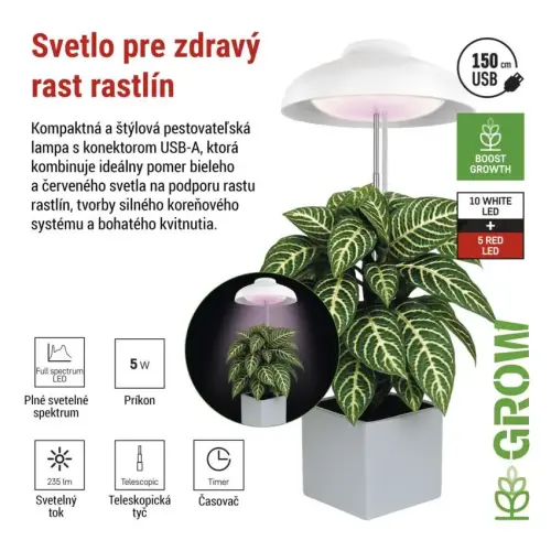 LED GROW pestovateľská lampa 5 W, časovač, biela EMOS Z7901